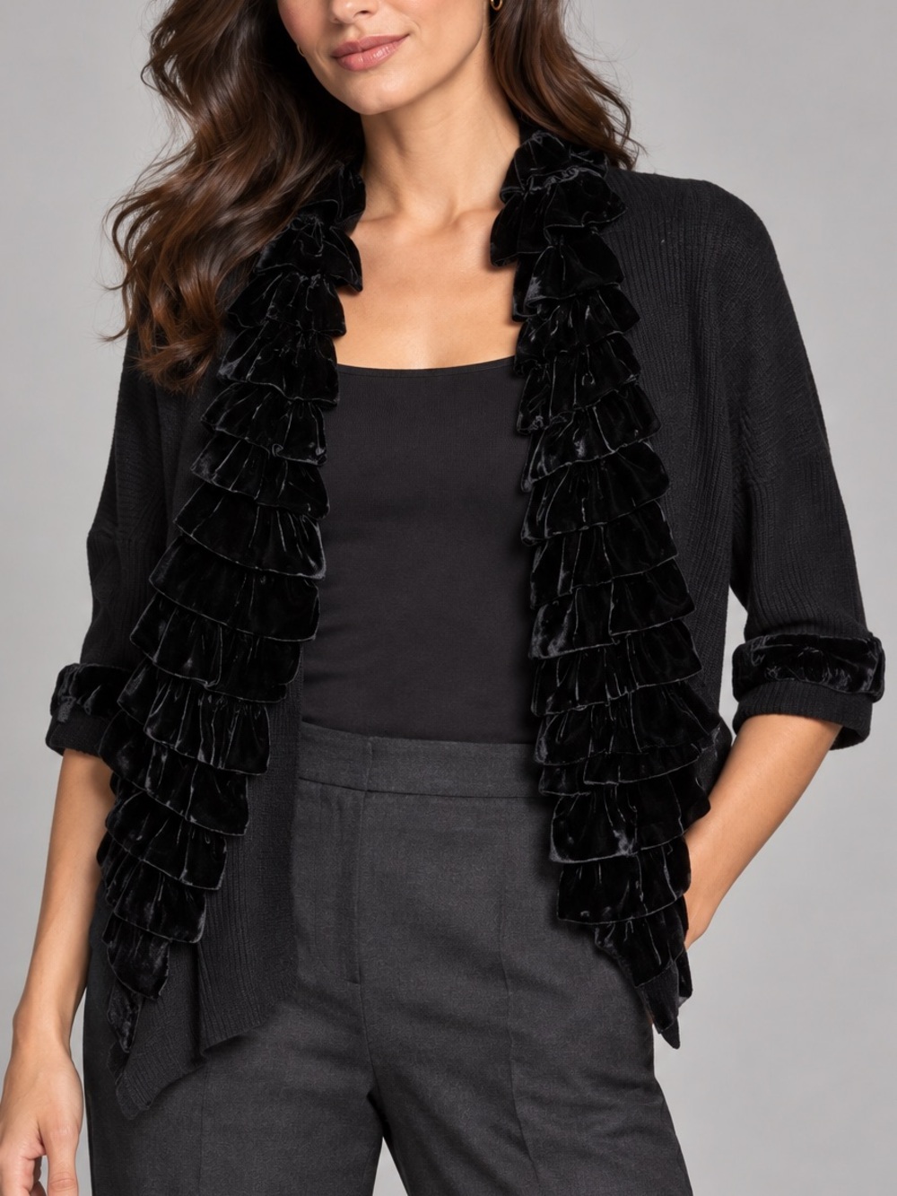 VTG Colette Mordo Black Sweater Velvet Ruffle Detail Women’s Size S